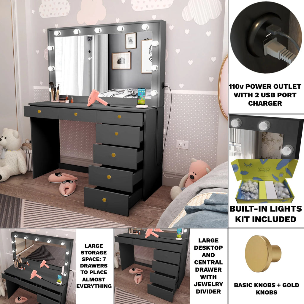 Black Painted Makeup Vanity Table with Light Bulbs I1305