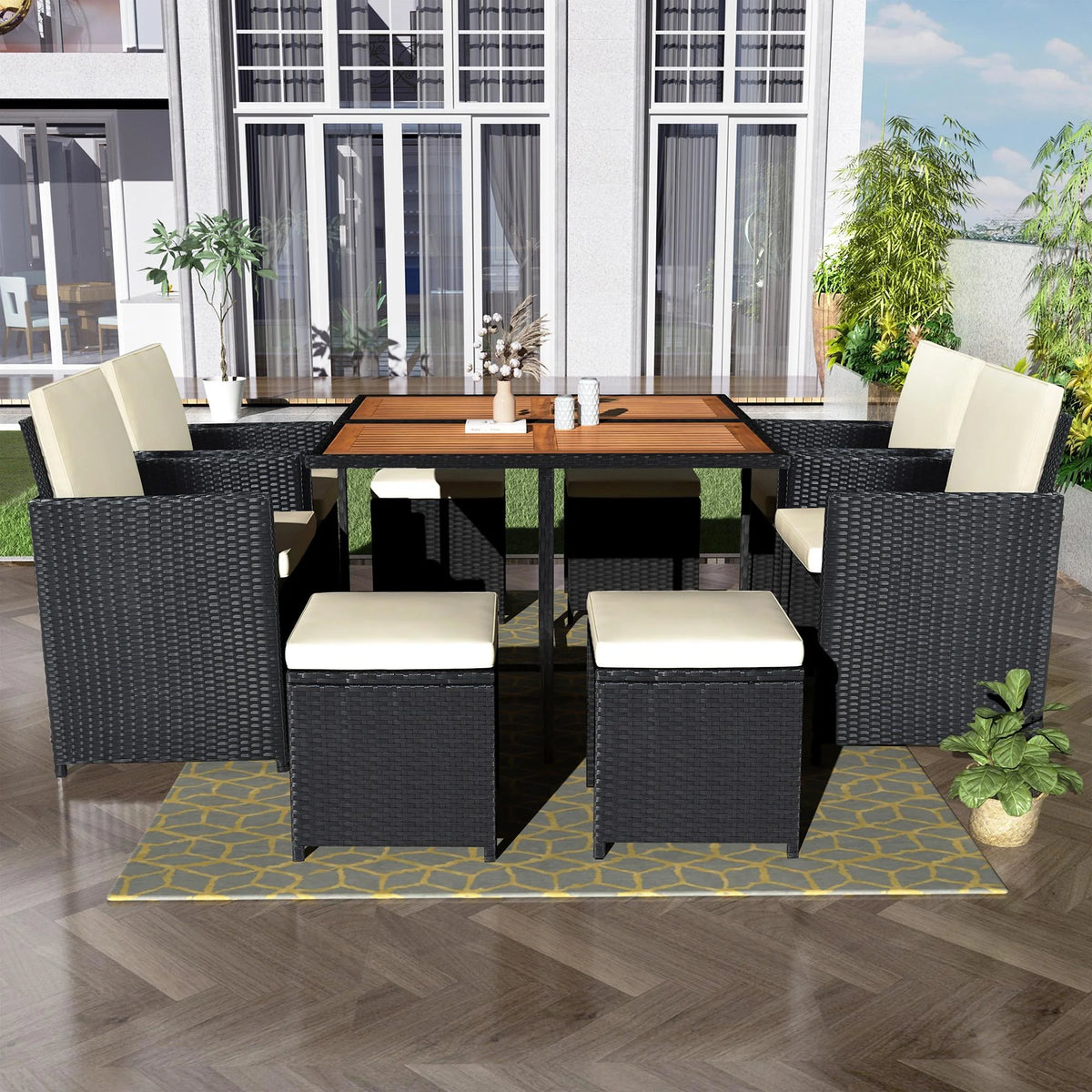 9 Piece Rattan Wicker Patio Dining Set with Ottoman D1908
