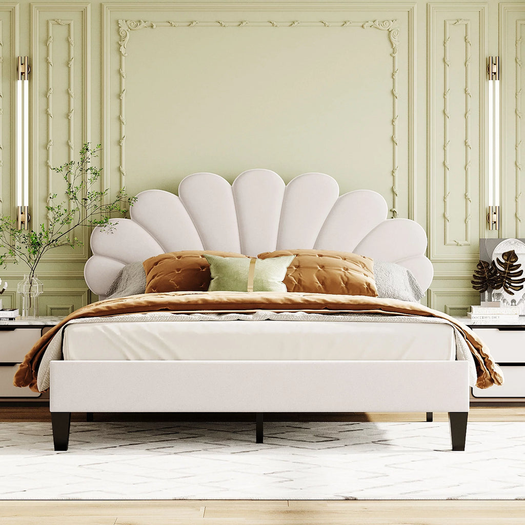 Queen Size Beige Velvet Upholstered Platform Bed with Flower Pattern Headboard Y42977
