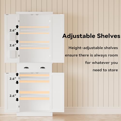 White Kitchen Pantry Storage Cabinet with Barn Doors, Drawer, 4 Adjustable Shelves Z18243