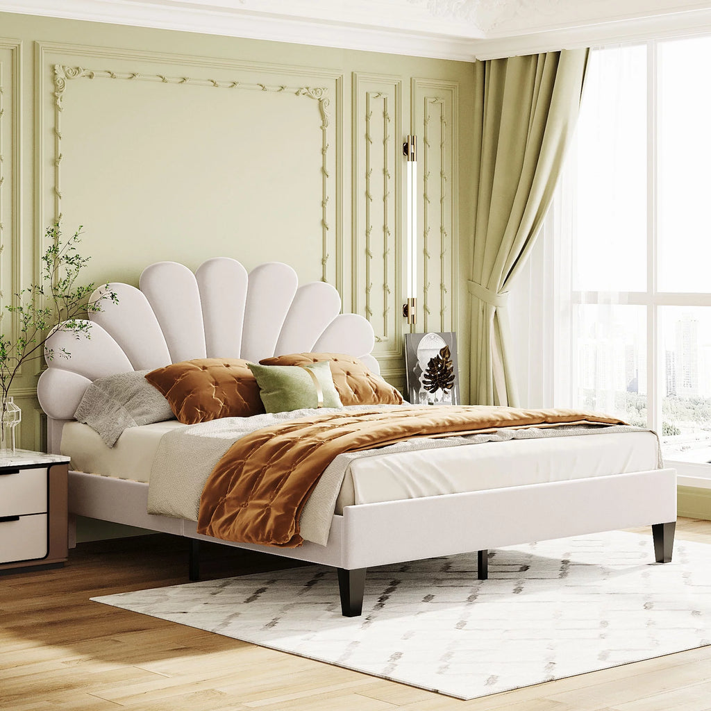 Queen Size Beige Velvet Upholstered Platform Bed with Flower Pattern Headboard Y42977