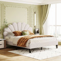 Queen Size Beige Velvet Upholstered Platform Bed with Flower Pattern Headboard Y42977