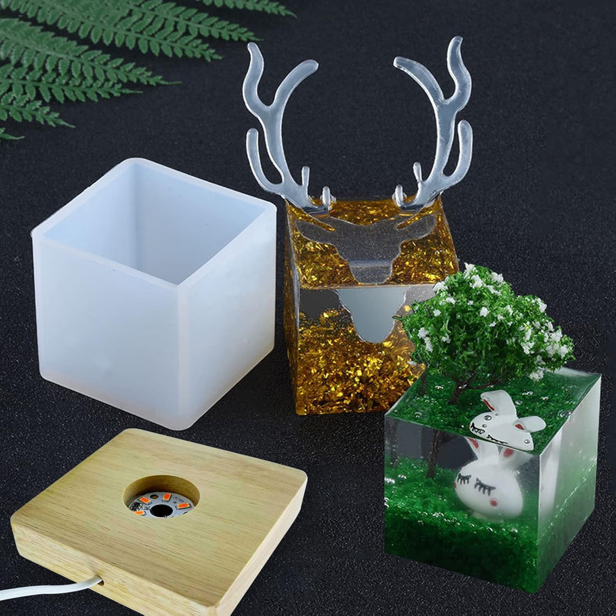 Large Cube LED Silicone Molds with USB Powered Wooden Lighted Base N729713