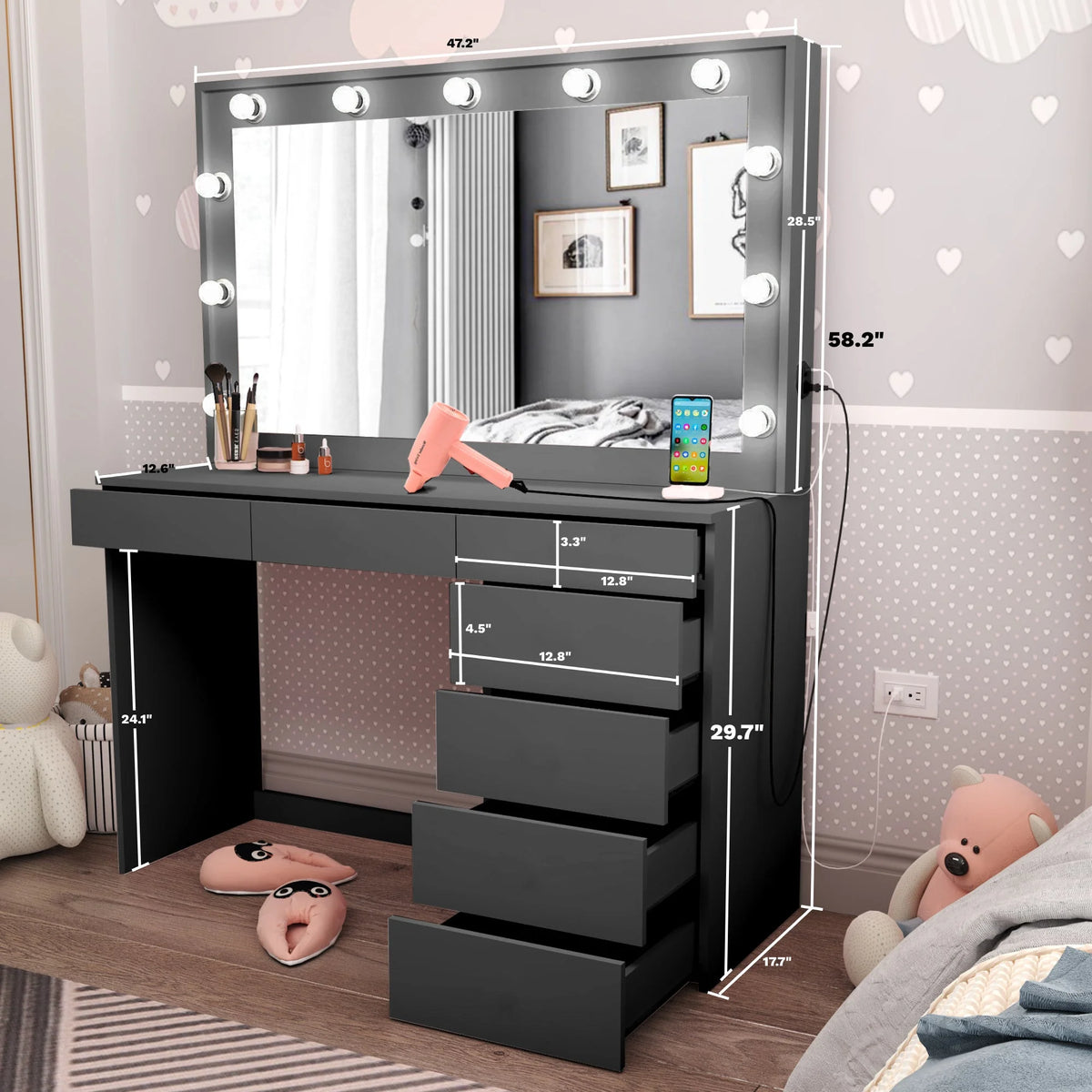 Black Painted Makeup Vanity Table with Light Bulbs I1305