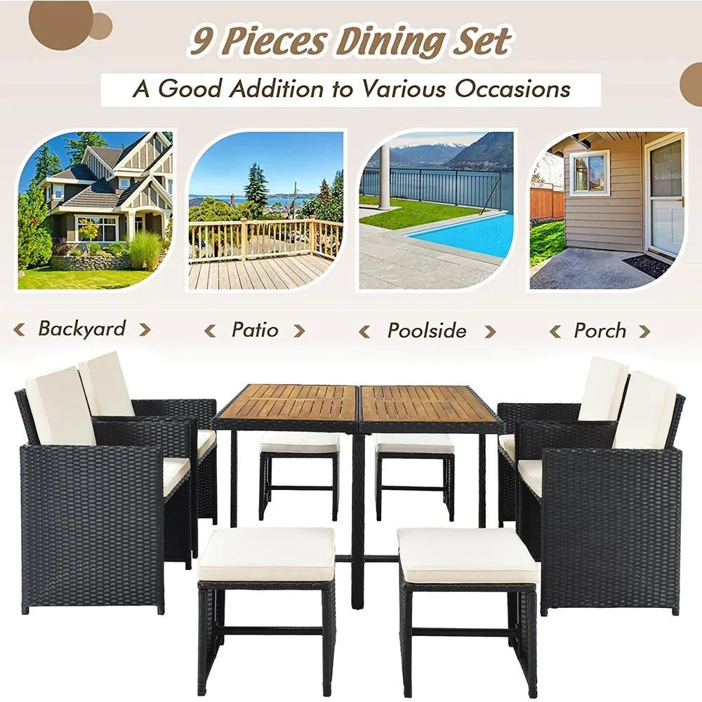 9 Piece Rattan Wicker Patio Dining Set with Ottoman D1908