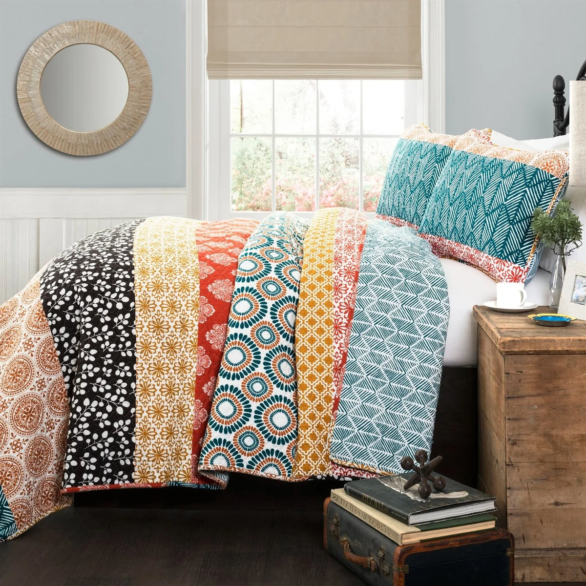 Teal Orange Bohemian Stripe 3 Piece Reversible Cotton Quilt Set R9304