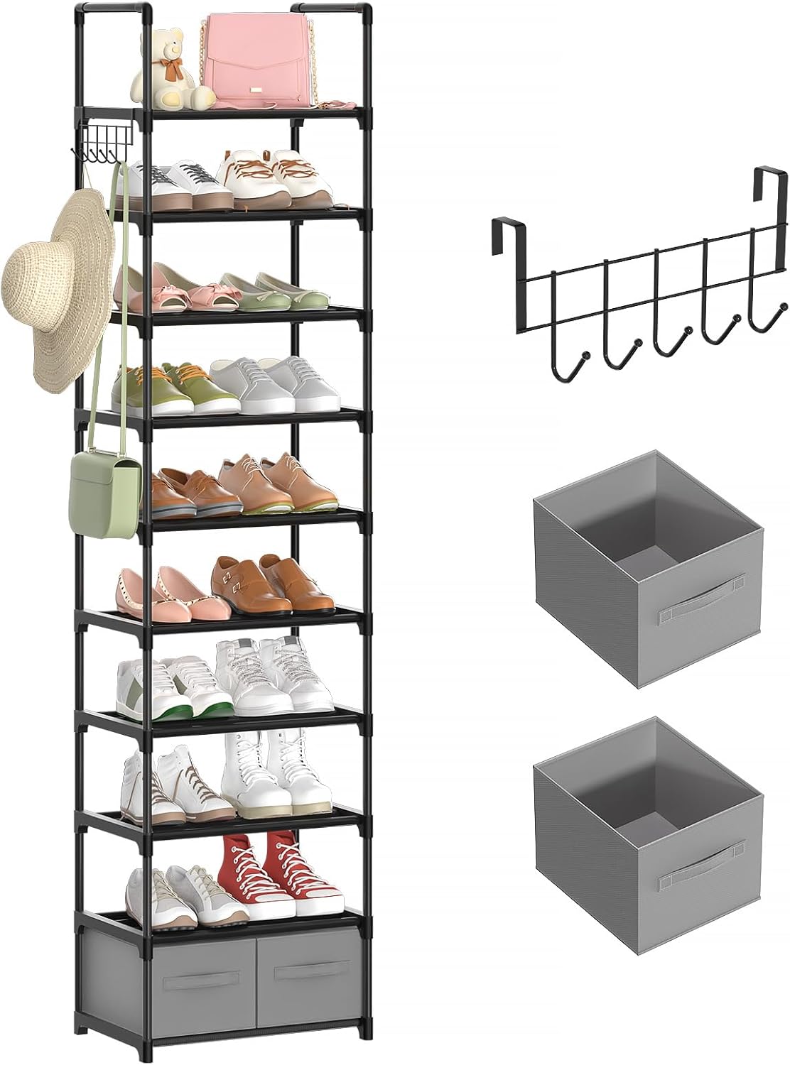 10 Tiers Metal Narrow Black Shoe Rack with 2 Boxes and 1 Hook M7772