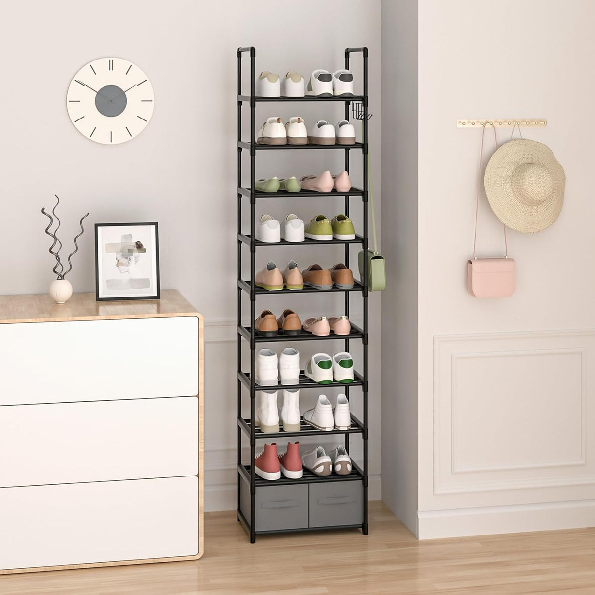 10 Tiers Metal Narrow Black Shoe Rack with 2 Boxes and 1 Hook M7772