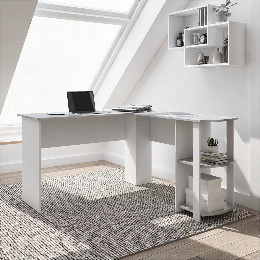L_Shaped Desk With Side Shelves Grey Wood I770
