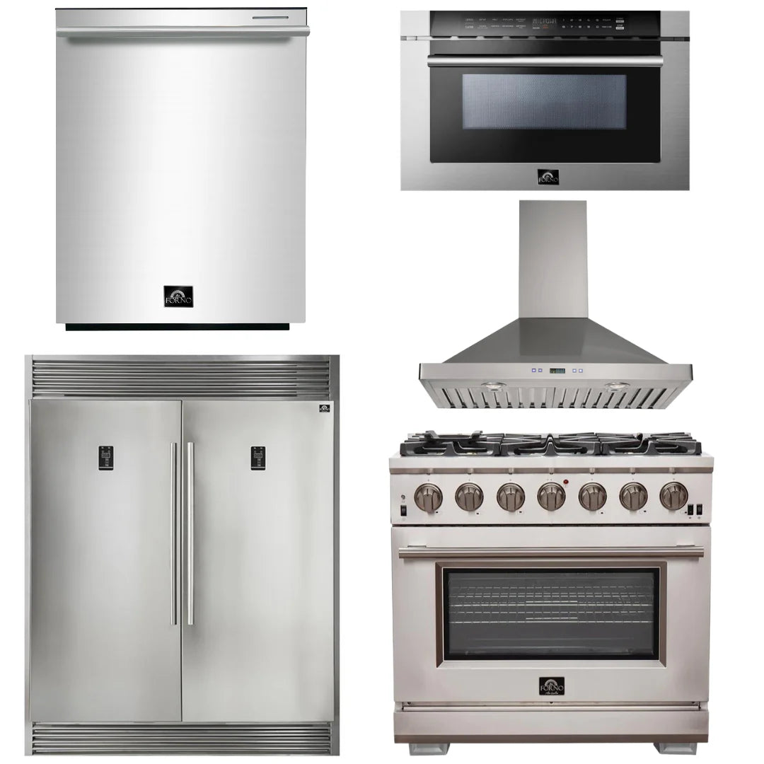 36 Inch Pro Gas Range, Wall Mount Range Hood, Refrigerator, Microwave Drawer, Dishwasher Z350418