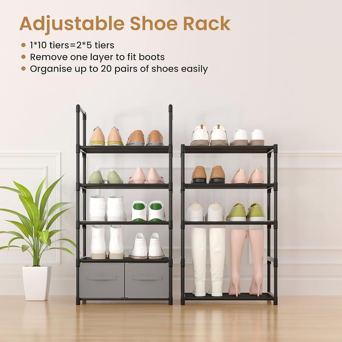 10 Tiers Metal Narrow Black Shoe Rack with 2 Boxes and 1 Hook M7772