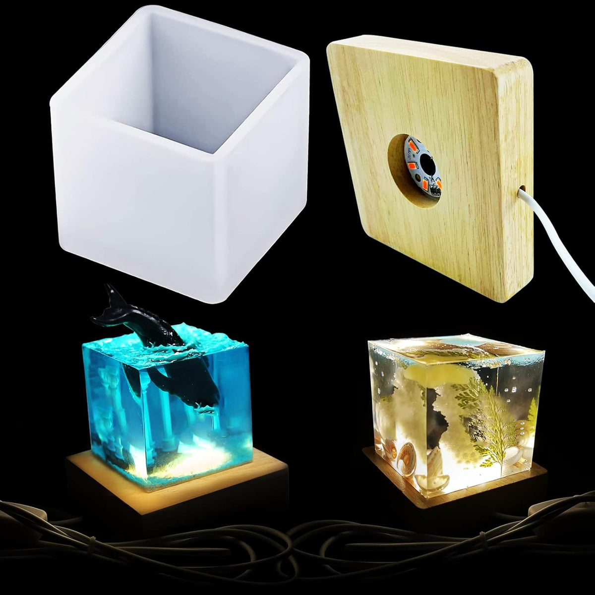 Large Cube LED Silicone Molds with USB Powered Wooden Lighted Base N729713