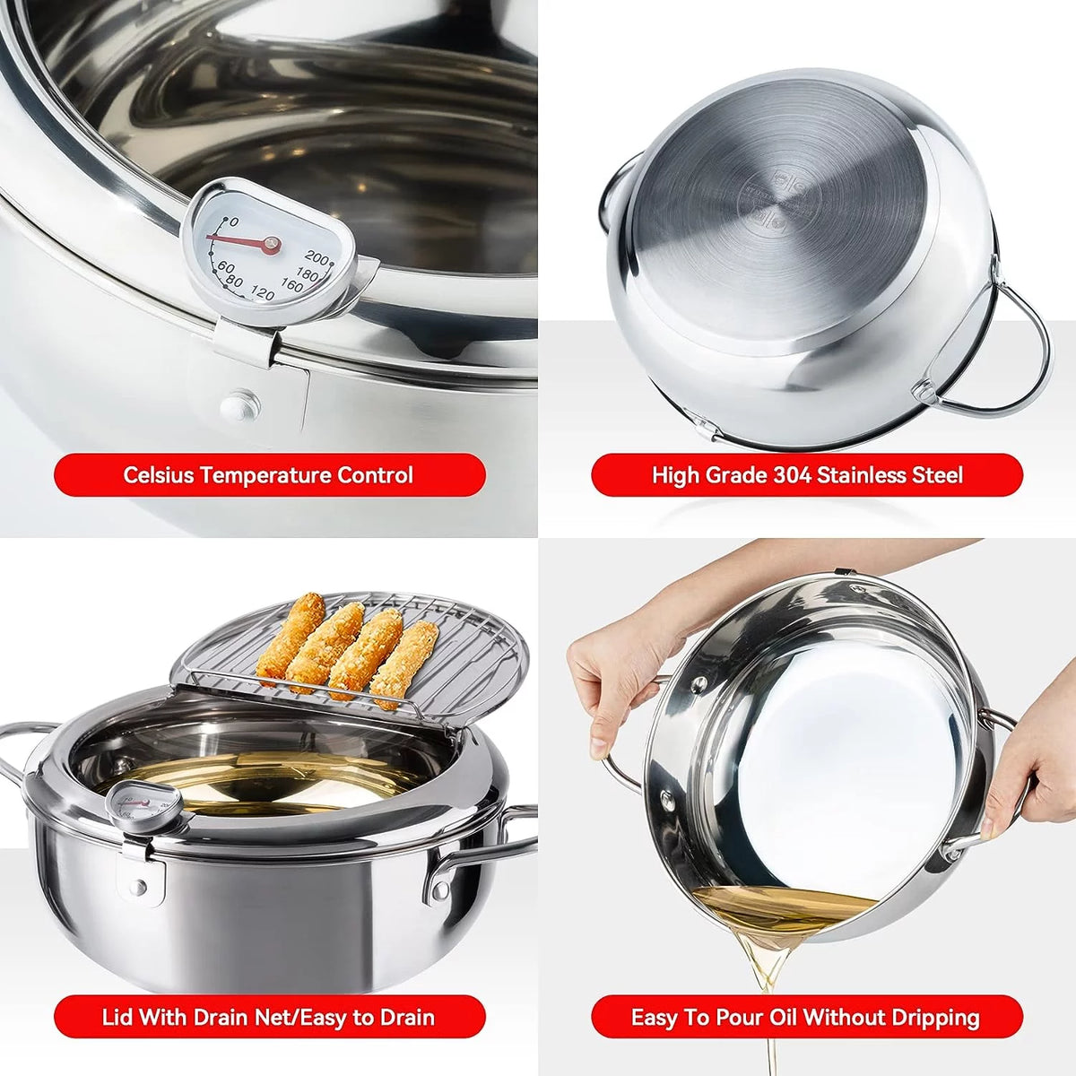11 Inch 4.2 L 304 Stainless Steel Deep Fryer Pot with Lid K6633