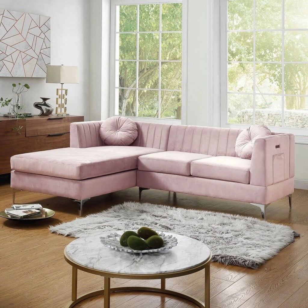 Pink Velvet Sectional Sofa Chaise Y8200
