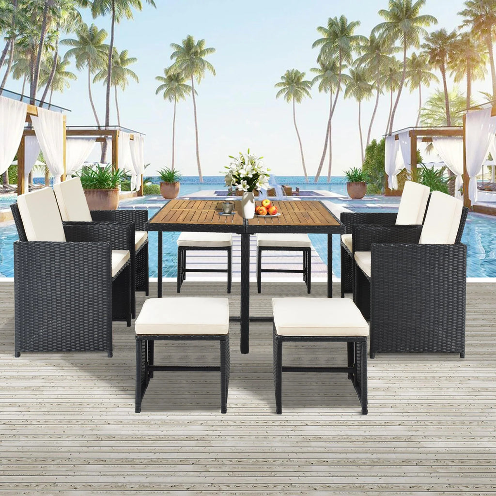 9 Piece Rattan Wicker Patio Dining Set with Ottoman D1908