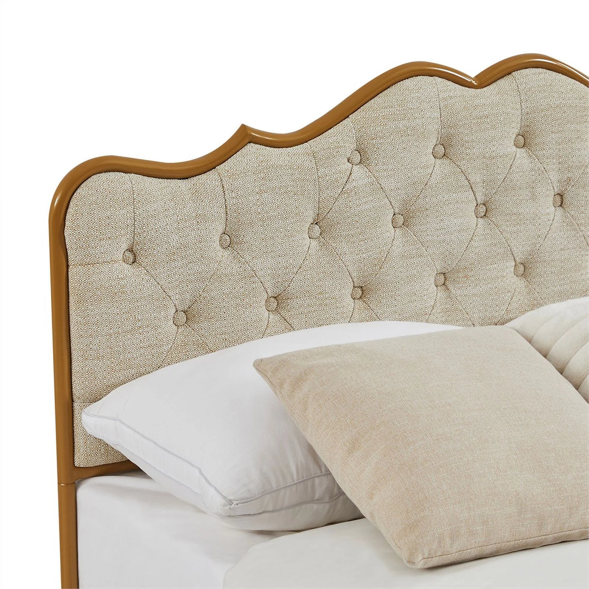light Camel queen size bed with metal frame solid wood ribs foam upholstery S194