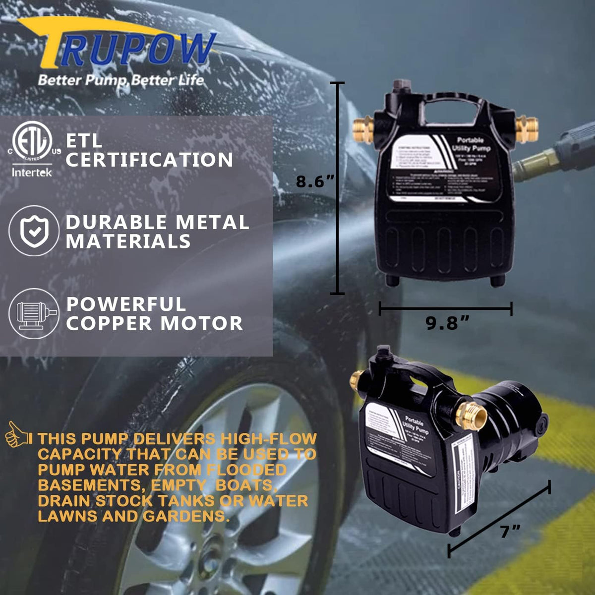 1/2HP 1450GPH Cast Iron Portable Electric Water Pump D9123