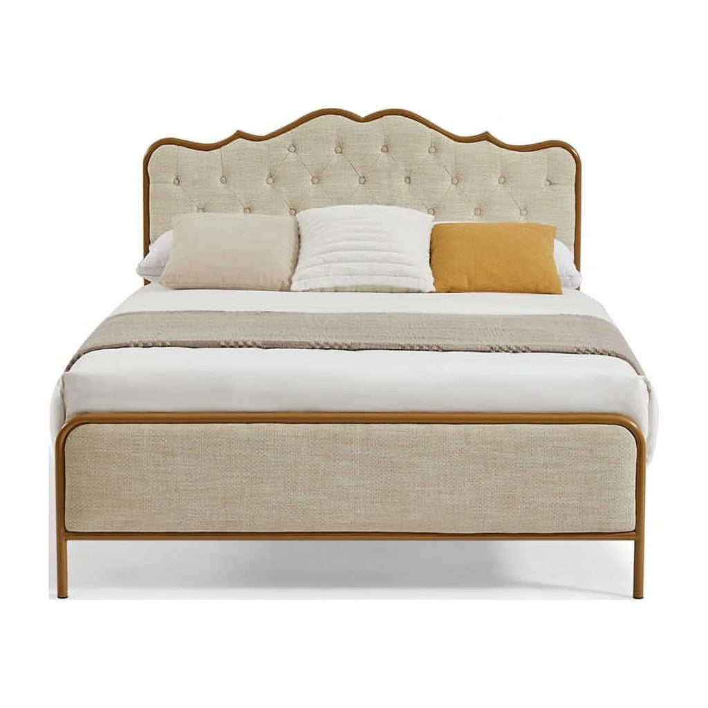 light Camel queen size bed with metal frame solid wood ribs foam upholstery S194