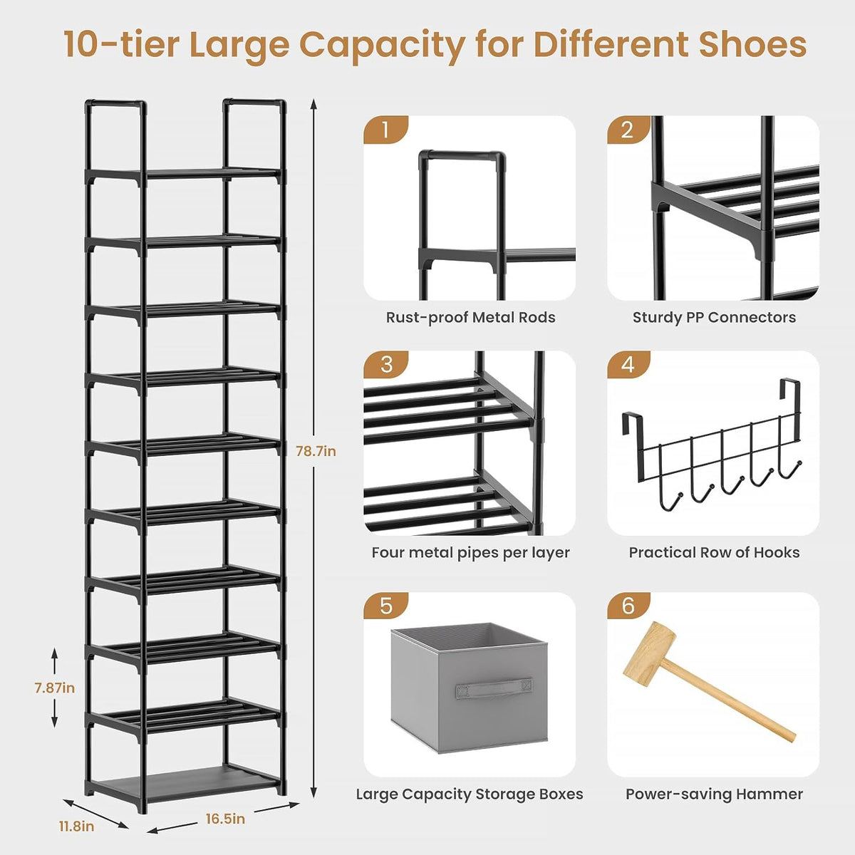 10 Tiers Metal Narrow Black Shoe Rack with 2 Boxes and 1 Hook M7772