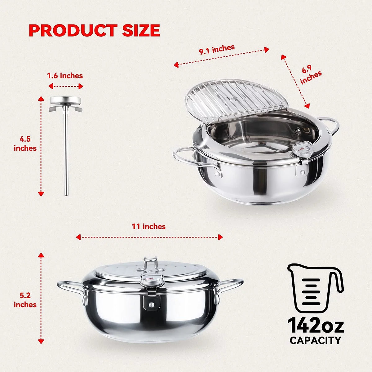 11 Inch 4.2 L 304 Stainless Steel Deep Fryer Pot with Lid K6633