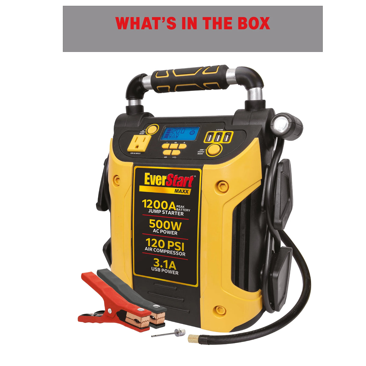 1200 Peak Amps Jump Starter with 500W Inverter and 120 PSI Compressor I518258