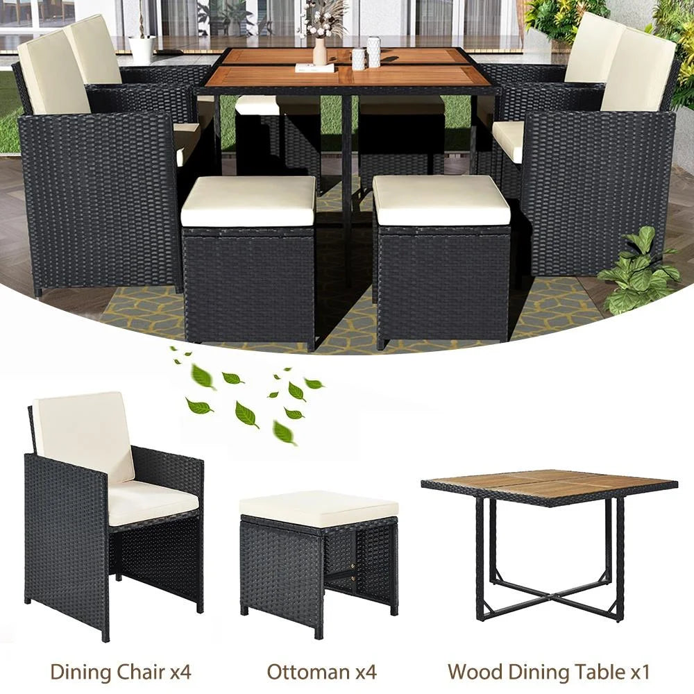 9 Piece Rattan Wicker Patio Dining Set with Ottoman D1908