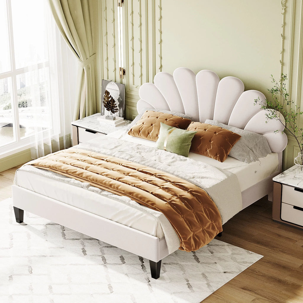 Queen Size Beige Velvet Upholstered Platform Bed with Flower Pattern Headboard Y42977
