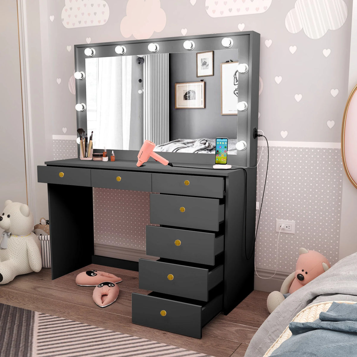Black Painted Makeup Vanity Table with Light Bulbs I1305
